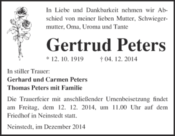 Traueranzeige von Gertrud Peters von WVG - Wochenspiegel Quedlinburg