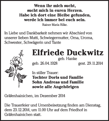 Traueranzeige von Elfriede Duckwitz von WVG - Wochenspiegel Wittenberg