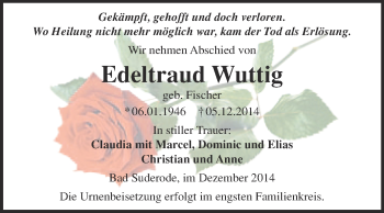 Traueranzeige von Edeltraud Wuttig von WVG - Wochenspiegel Quedlinburg