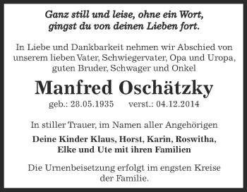 Traueranzeige von Manfred Oschätzky von Super Sonntag Bernburg
