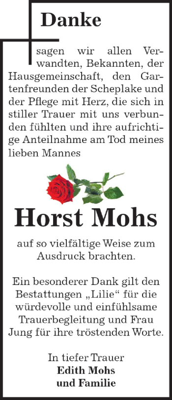 Traueranzeige von Horst Mohs von WVG - Wochenspiegel Dessau / Köthen