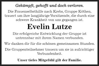 Traueranzeige von Evelin Lutze von WVG - Wochenspiegel Dessau / Köthen