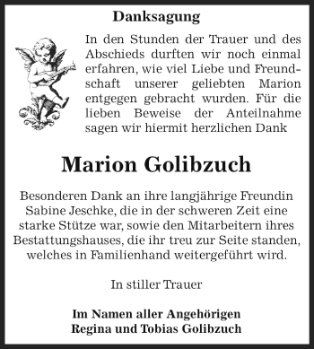 Traueranzeige von Marion Golibzuch von WVG - Wochenspiegel Dessau / Köthen