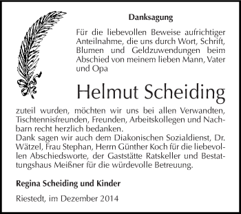 Traueranzeige von Helmut Scheiding von Wochenspiegel Mansfelder Land