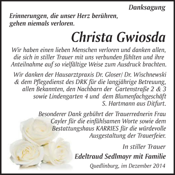 Traueranzeige von Christa Gwiosda von WVG - Wochenspiegel Quedlinburg
