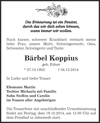 Traueranzeige von Bärbel Koppius von Super Sonntag Bernburg