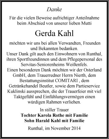 Traueranzeige von Gerda Kahl von WVG - Wochenspiegel NMB / WSF / ZTZ