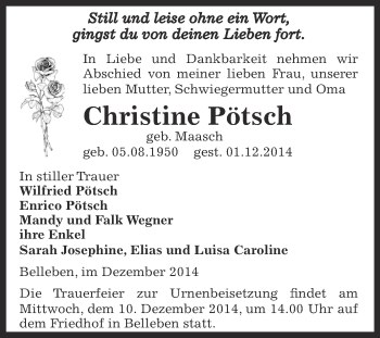 Traueranzeige von Christine Pötsch von Super Sonntag Bernburg