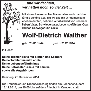 Traueranzeige von Wolf-Dietrich Walther von WVG - Wochenspiegel Wittenberg