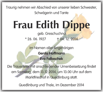 Traueranzeige von Edith Dippe von WVG - Wochenspiegel Quedlinburg