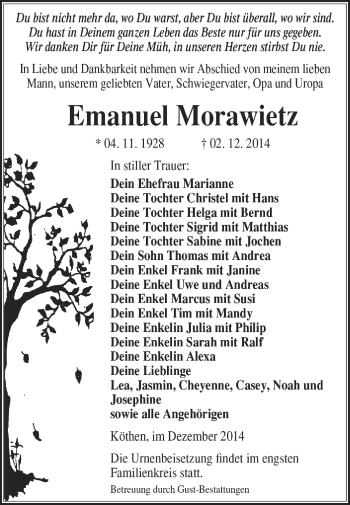 Traueranzeige von Emanuel Morawietz von WVG - Wochenspiegel Dessau / Köthen