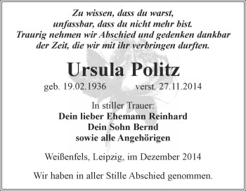 Traueranzeige von Ursula Politz von WVG - Wochenspiegel NMB / WSF / ZTZ