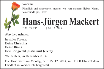 Traueranzeige von Hans-Jürgen Mackert von WVG - Wochenspiegel NMB / WSF / ZTZ