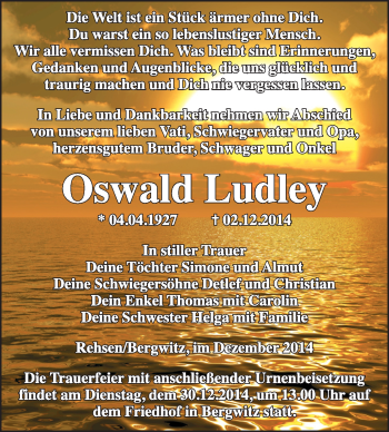 Traueranzeige von Oswald Ludley von Super Sonntag Wittenberg