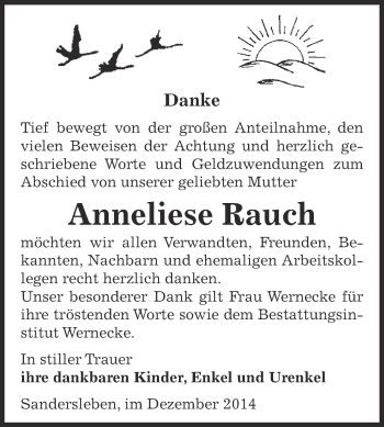Traueranzeige von Anneliese Rauch von Wochenspiegel Mansfelder Land