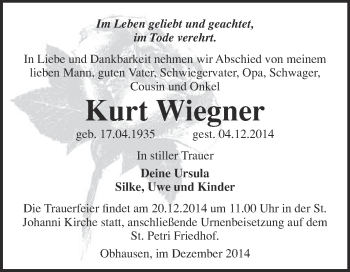 Traueranzeige von Kurt Wiegner von WVG - Wochenspiegel Merseburg