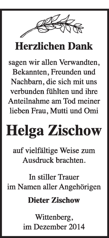 Traueranzeige von Helga Zischow von Super Sonntag Wittenberg