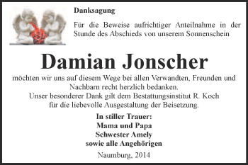 Traueranzeige von Damian Jonscher von WVG - Wochenspiegel NMB / WSF / ZTZ