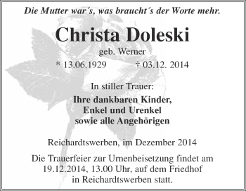 Traueranzeige von Christa Doleski von WVG - Wochenspiegel NMB / WSF / ZTZ