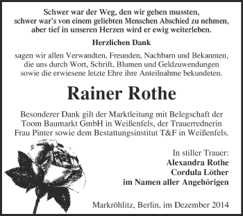 Traueranzeige von Rainer Rothe von WVG - Wochenspiegel NMB / WSF / ZTZ