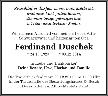 Traueranzeige von Ferdinand Duschek von WVG - Wochenspiegel Dessau / Köthen