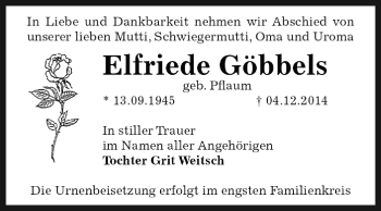 Traueranzeige von Elfriede Göbbels von WVG - Wochenspiegel Dessau / Köthen