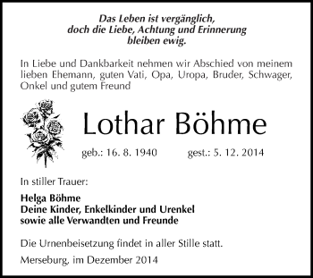 Traueranzeige von Lothar Böhme von WVG - Wochenspiegel Merseburg