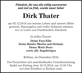 Traueranzeige von Dirk Thater von WVG - Wochenspiegel Dessau / Köthen