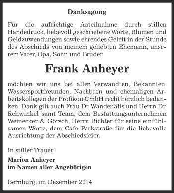 Traueranzeige von Frank Anheyer von Super Sonntag Bernburg