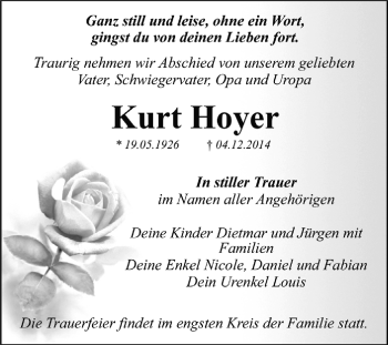 Traueranzeige von Kurt Hoyer von WVG - Wochenspiegel Dessau / Köthen