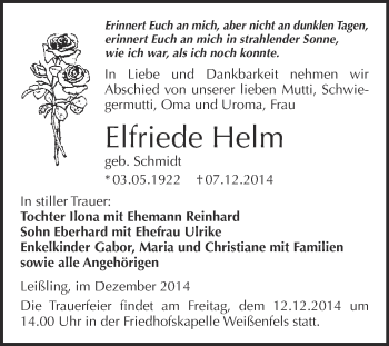 Traueranzeige von Elfriede Helm von WVG - Wochenspiegel NMB / WSF / ZTZ