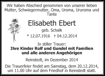 Traueranzeige von Elisabeth Ebert von WVG - Wochenspiegel Aschersleben