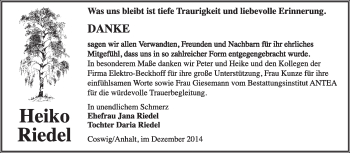 Traueranzeige von Heiko Riedel von Super Sonntag Wittenberg