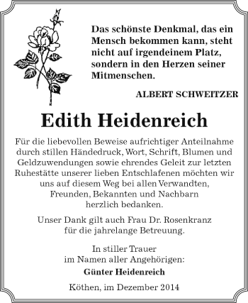 Traueranzeige von Edith Heidenreich von WVG - Wochenspiegel Dessau / Köthen
