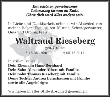 Traueranzeige von Waltraud Rieseberg von Super Sonntag Zeitz