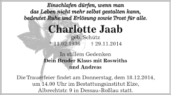 Traueranzeige von Charlotte Jaab von WVG - Wochenspiegel Dessau / Köthen