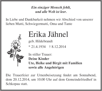 Traueranzeige von Erika Jähnel von Super Sonntag Merseburg