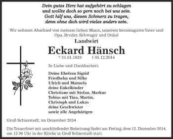 Traueranzeige von Eckard Hänsch von WVG - Wochenspiegel Aschersleben