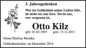 Traueranzeige von Otto Kilz von WVG - Wochenspiegel Wittenberg