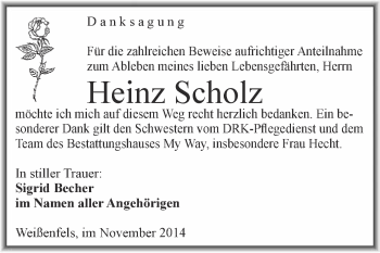 Traueranzeige von Heinz Scholz von Super Sonntag Merseburg