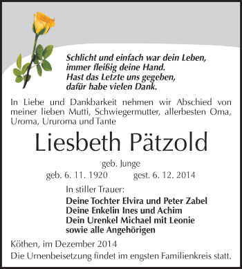 Traueranzeige von Liesbeth Pätzold von WVG - Wochenspiegel Dessau / Köthen