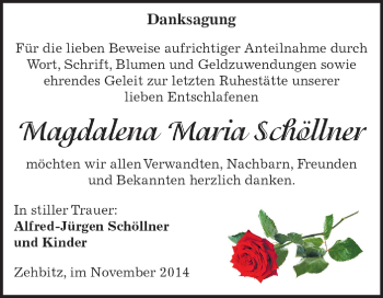 Traueranzeige von Magdalena Maria Schöllner von WVG - Wochenspiegel Dessau / Köthen