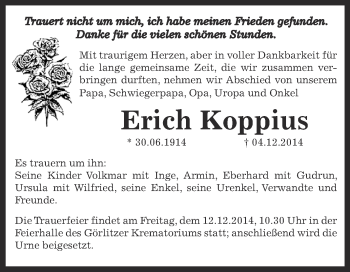 Traueranzeige von Erich Koppius von Super Sonntag Bernburg