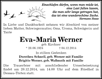 Traueranzeige von Eva-Maria Werner von WVG - Wochenspiegel Dessau / Köthen