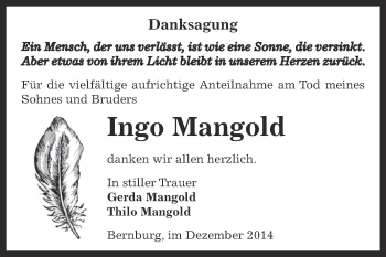Traueranzeige von Ingo Mangold von Super Sonntag Bernburg