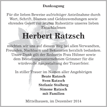 Traueranzeige von Herbert Ratzsch von Super Sonntag SGH Mansf. Land