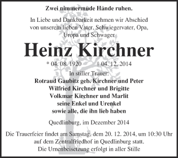 Traueranzeige von Heinz Kirchner von WVG - Wochenspiegel Quedlinburg