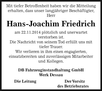 Traueranzeige von Hans-Joachim Friedrich von WVG - Wochenspiegel Dessau / Köthen