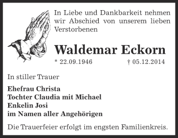 Traueranzeige von Waldemar Eckorn von Super Sonntag Bernburg