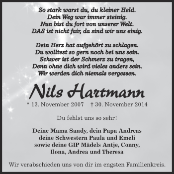 Traueranzeige von Nils Hartmann von Super Sonntag Bernburg